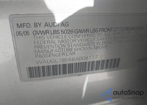 2006 Audi S4 4.2 z USA, uszkodzony, nr VIN WAUGL78E66A008117